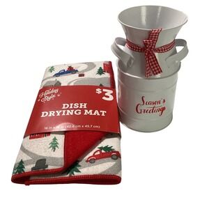 Holiday Style Christmas Dish Drying Mat and Seasons Greetings Metal Jug Set
